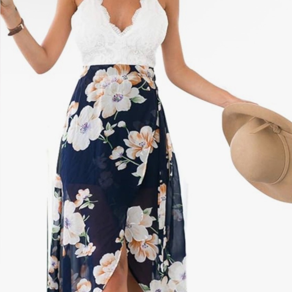 Floral High-Low Skirt in Navy and White